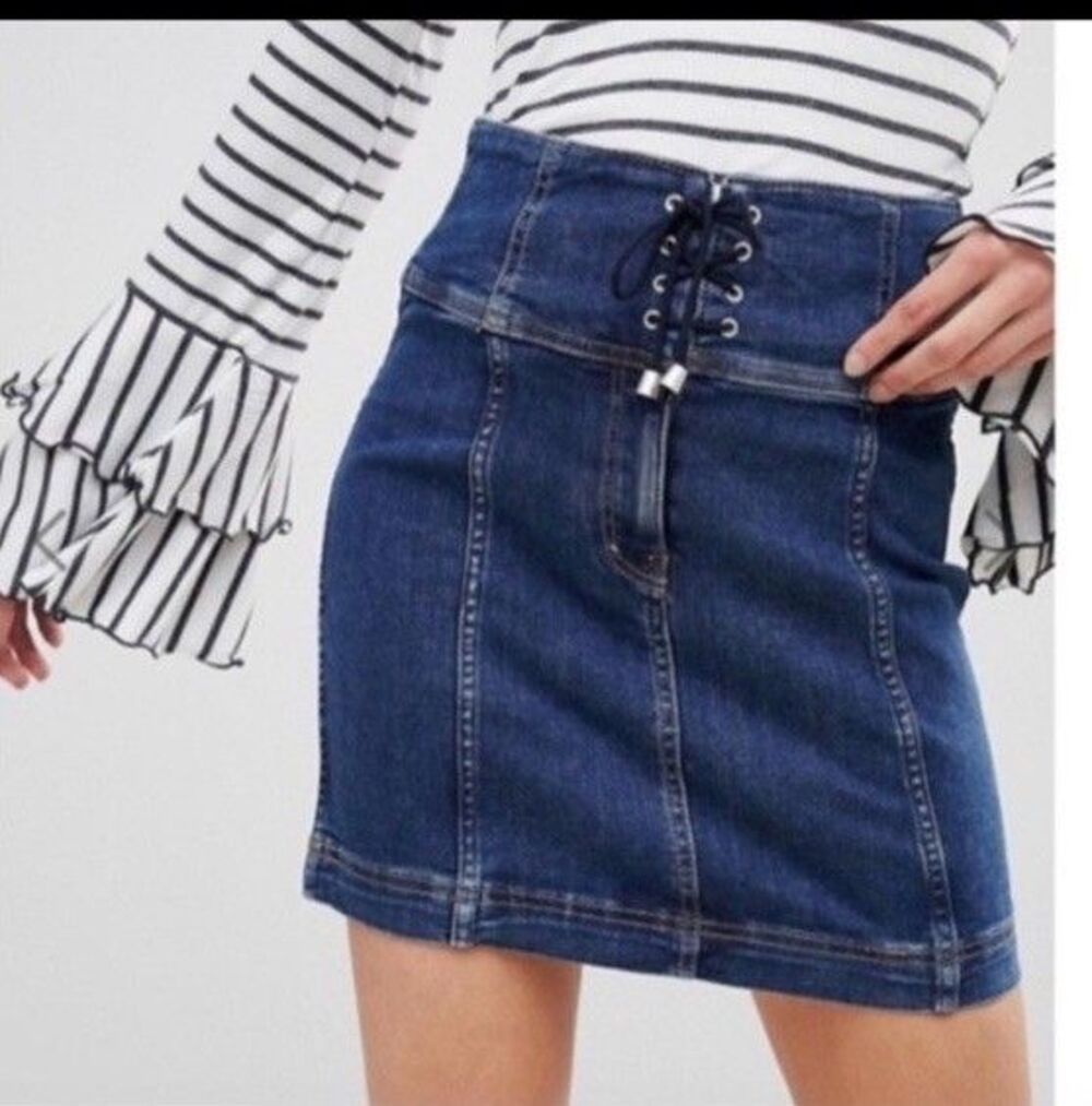 Free People Y2K Denim Lace Up A Line Mini Skirt Sz 2